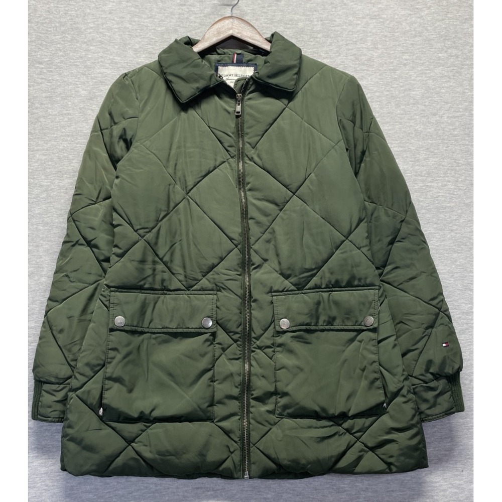 Tommy Hilfiger Diamond Quilted Jacket Womens Small Olive Green Lined Full Zip